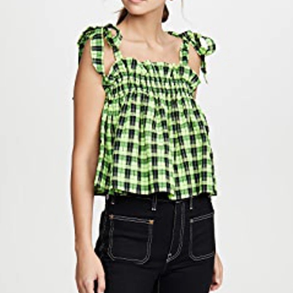 ✨SOLD✨ Ganni Neon Green Checked Top - Picture 4 of 8
